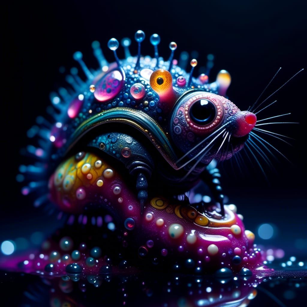Glowing Hyena Snail Hybrid in Sinister Liquid Background