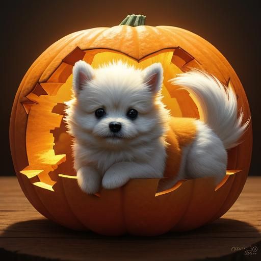 Whimsical Baby Dog Emerges from Pumpkin in Hyperrealistic Ar...