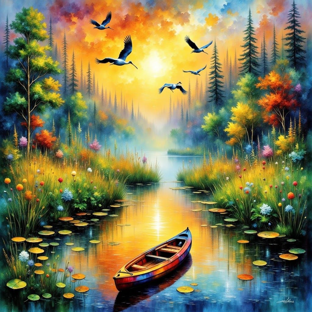 Golden Hour Lake Scene with Kayak and Soaring Storks