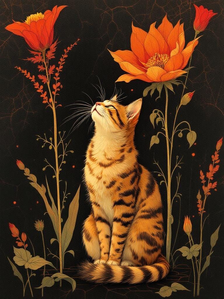 Cat Under Flower in Medieval Romance Style