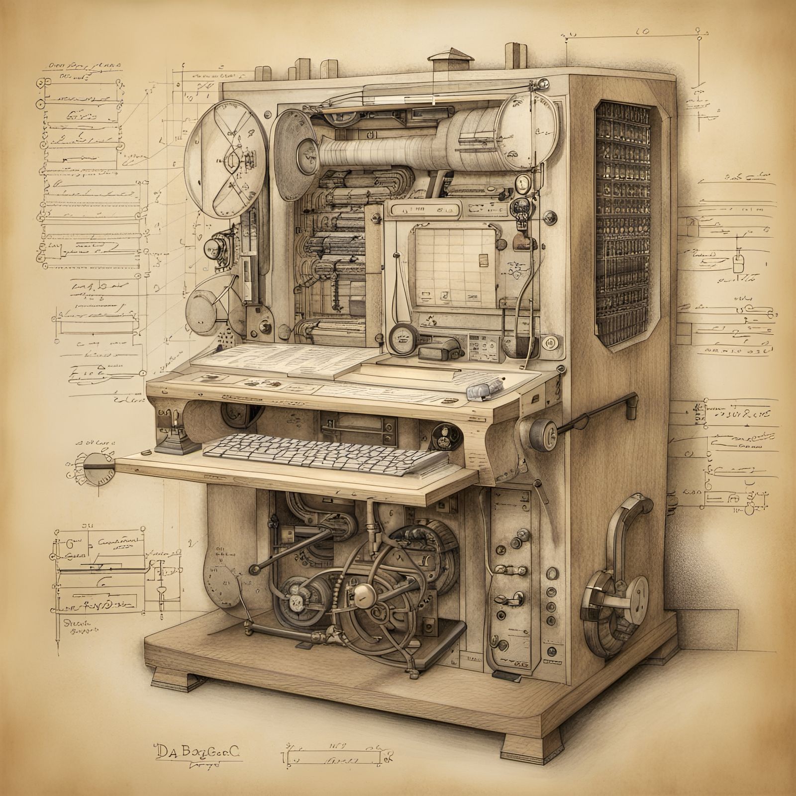 Babbage PC in Da Vinci's Renaissance Style Pencil Drawing