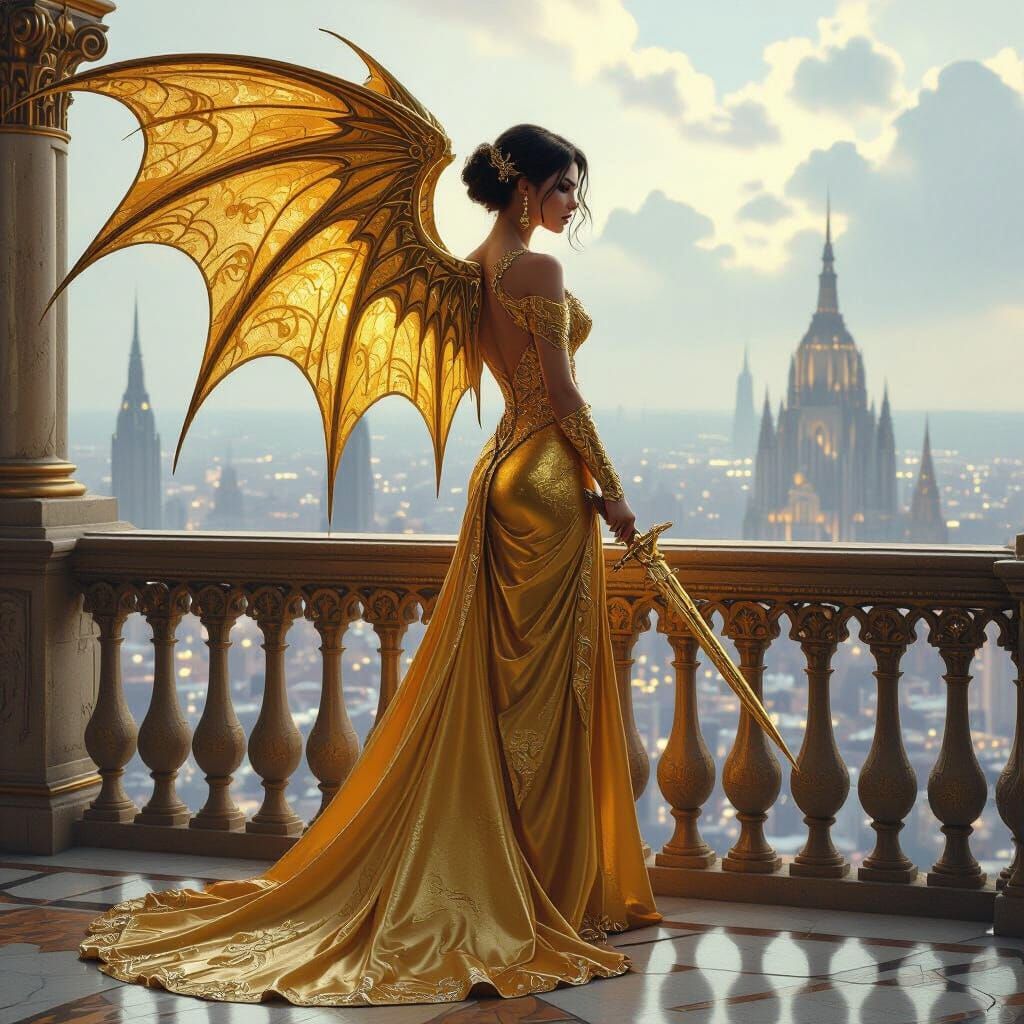 Golden Queen With Bat Wings Overlooking Cityscape