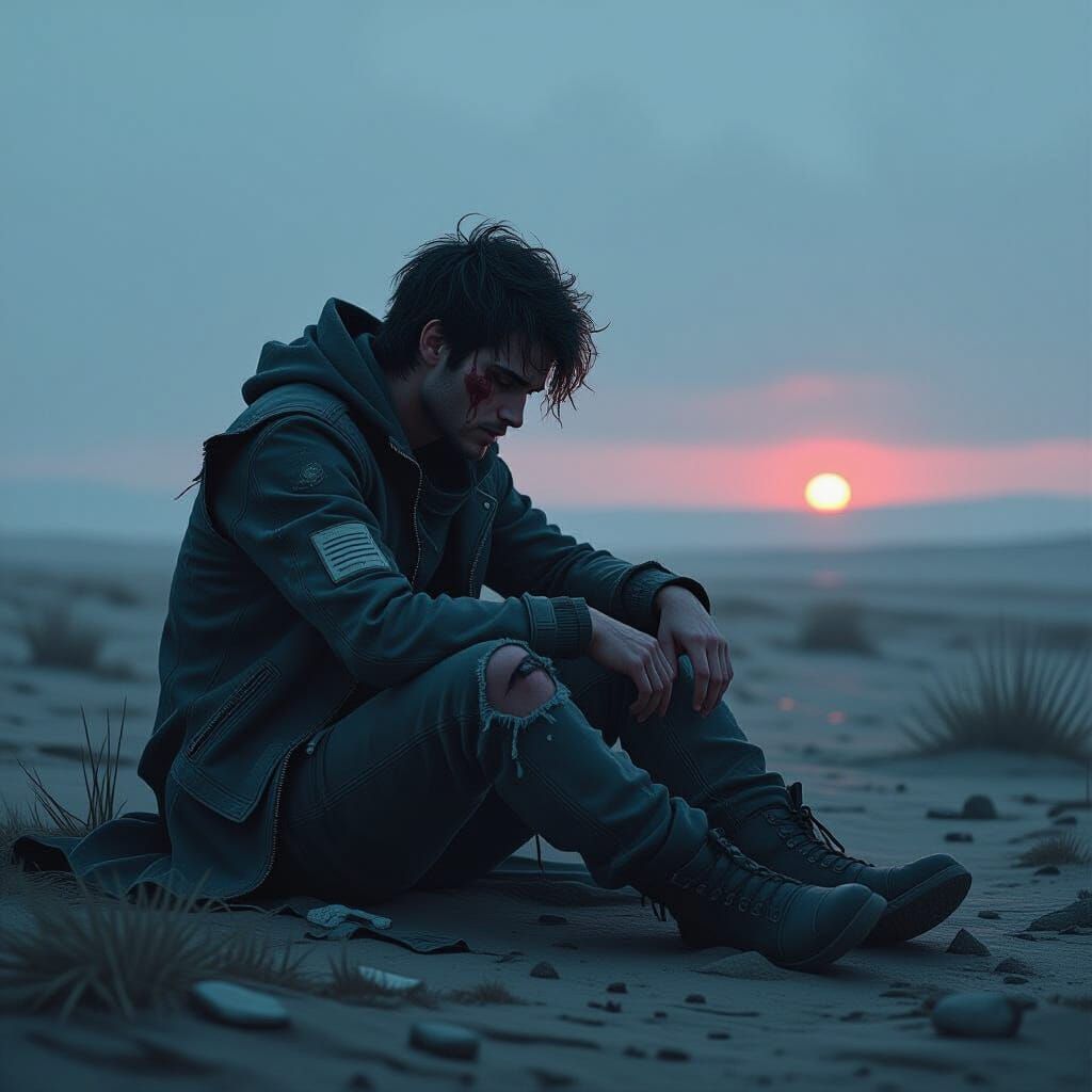 Dystopian Figure in Desolate Landscape