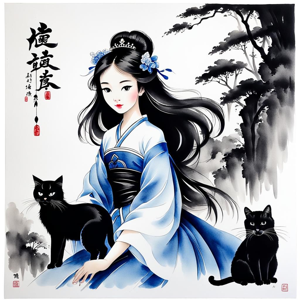 Princess Surrounded by Elegant Felines in Traditional Sumi-e...