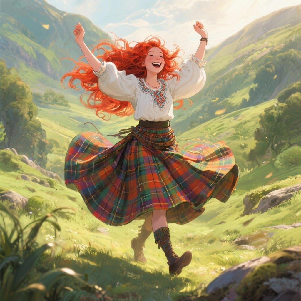 Scottish Woman Dancing Joyfully in Sunlit Glen