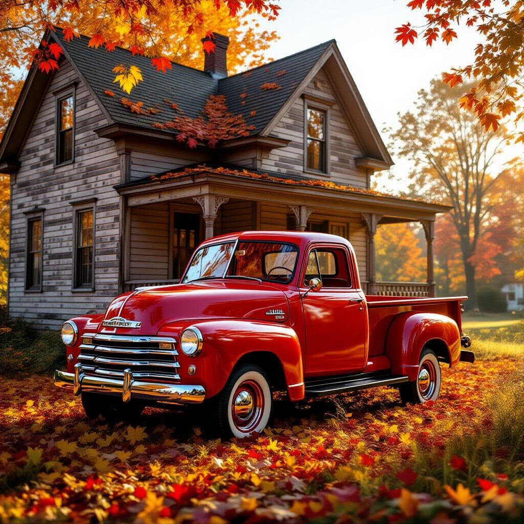 Vintage Red Pickup Truck by Dilapidated House in Autumn