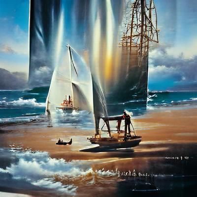 Sailing Boat Against Sunset Ocean in Dramatic Oil Painting