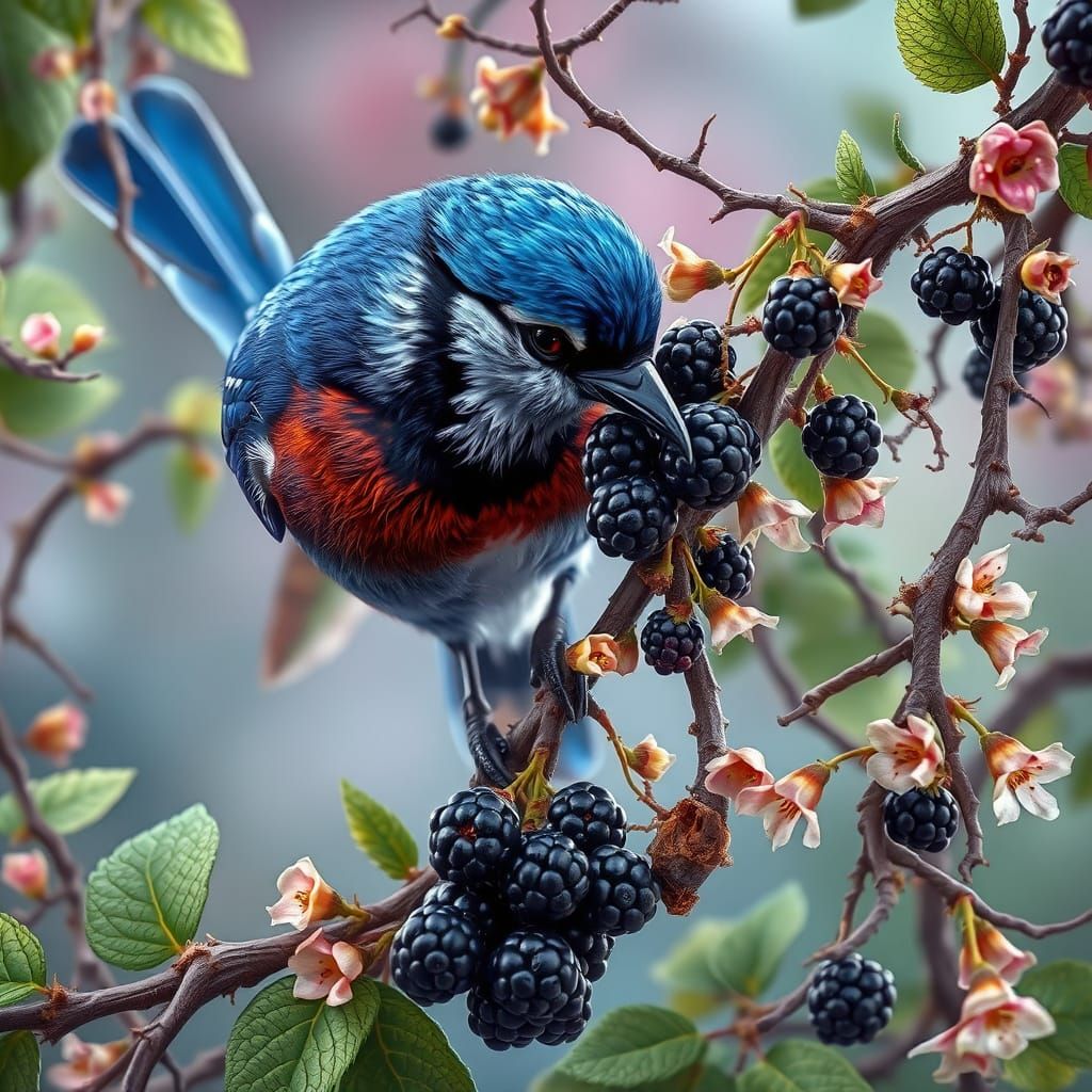 Majestic Blue Jay Plucks Blackberries from Whimsical Vine in...