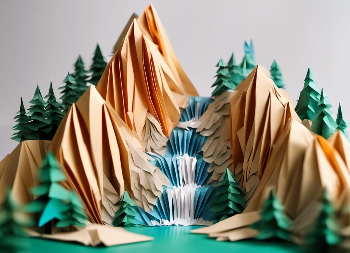 Surreal Mountain Waterfall in Origami Paper Art