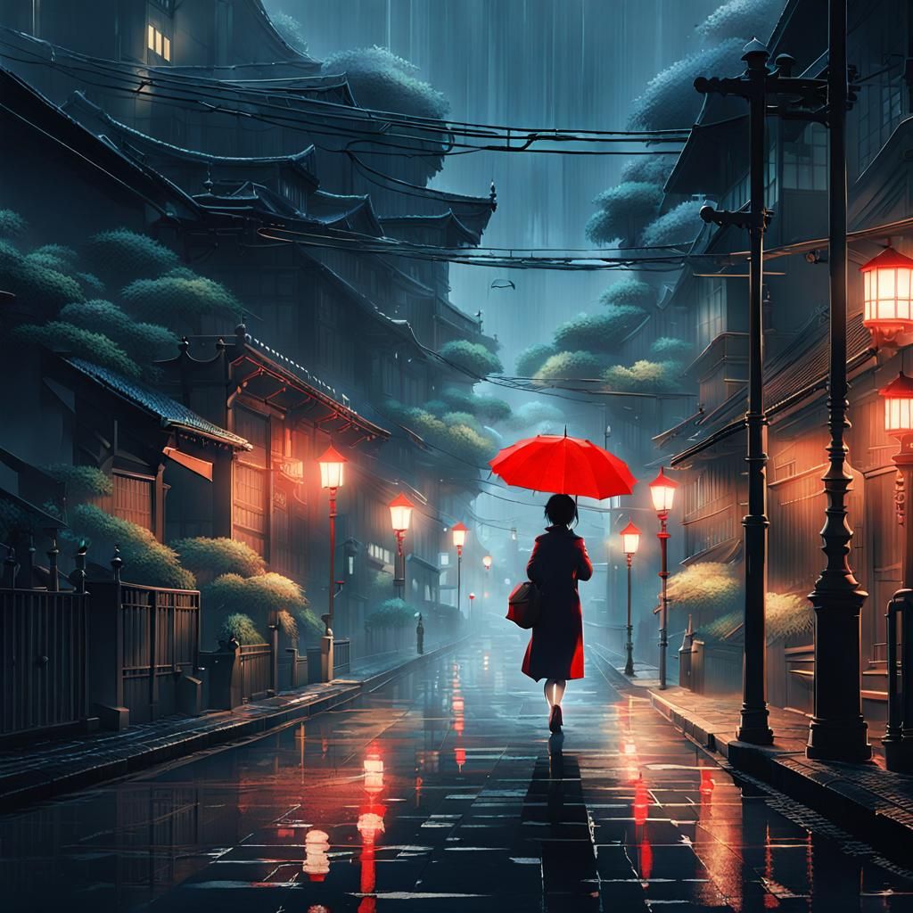 Misty City Streets Under Nocturnal Umbrella