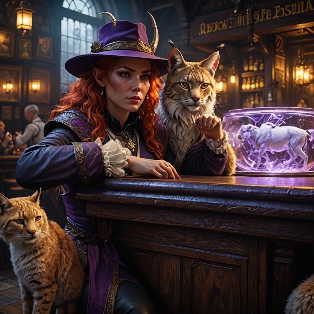 Lynx Unmasked by Enchanting Redhead in Dark Fantasy Scene