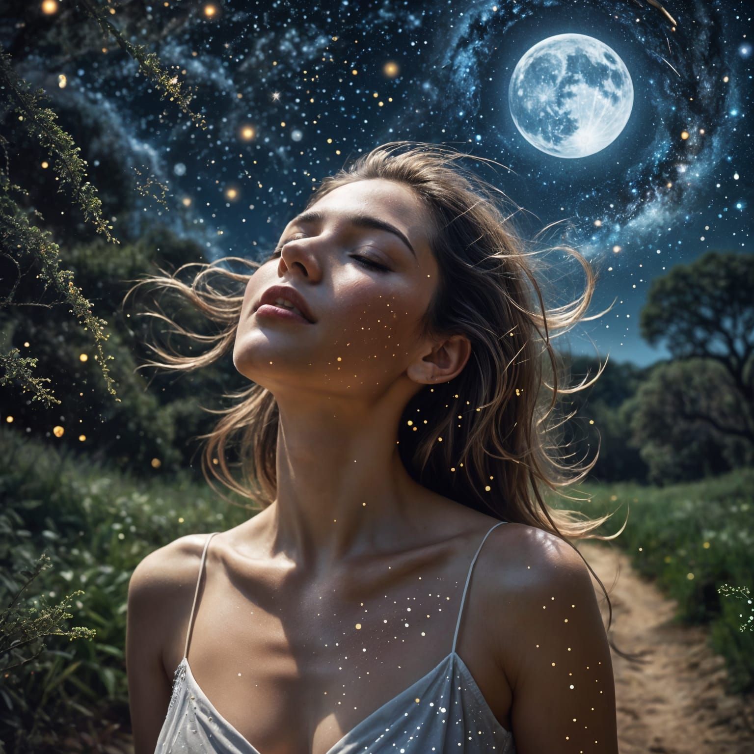 Ethereal Woman with Swirling Stars and Glitter