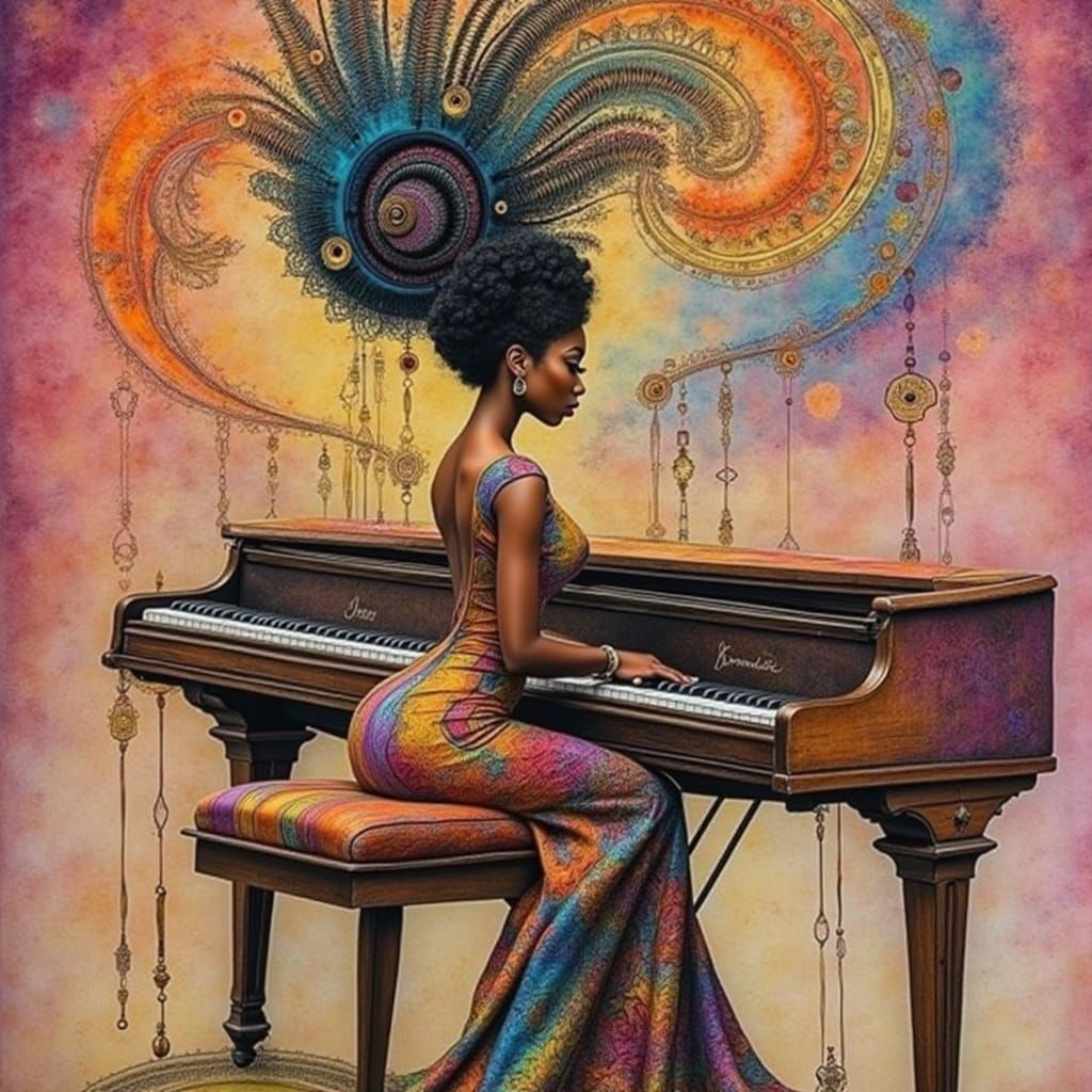 <lora:Women of Africa:1.0> EXQUISITELY BEAUTIFUL PIANO PLAYING ECSTATIC PIXIE alcohol ink painting of a BEAUTIFUL LADY p...