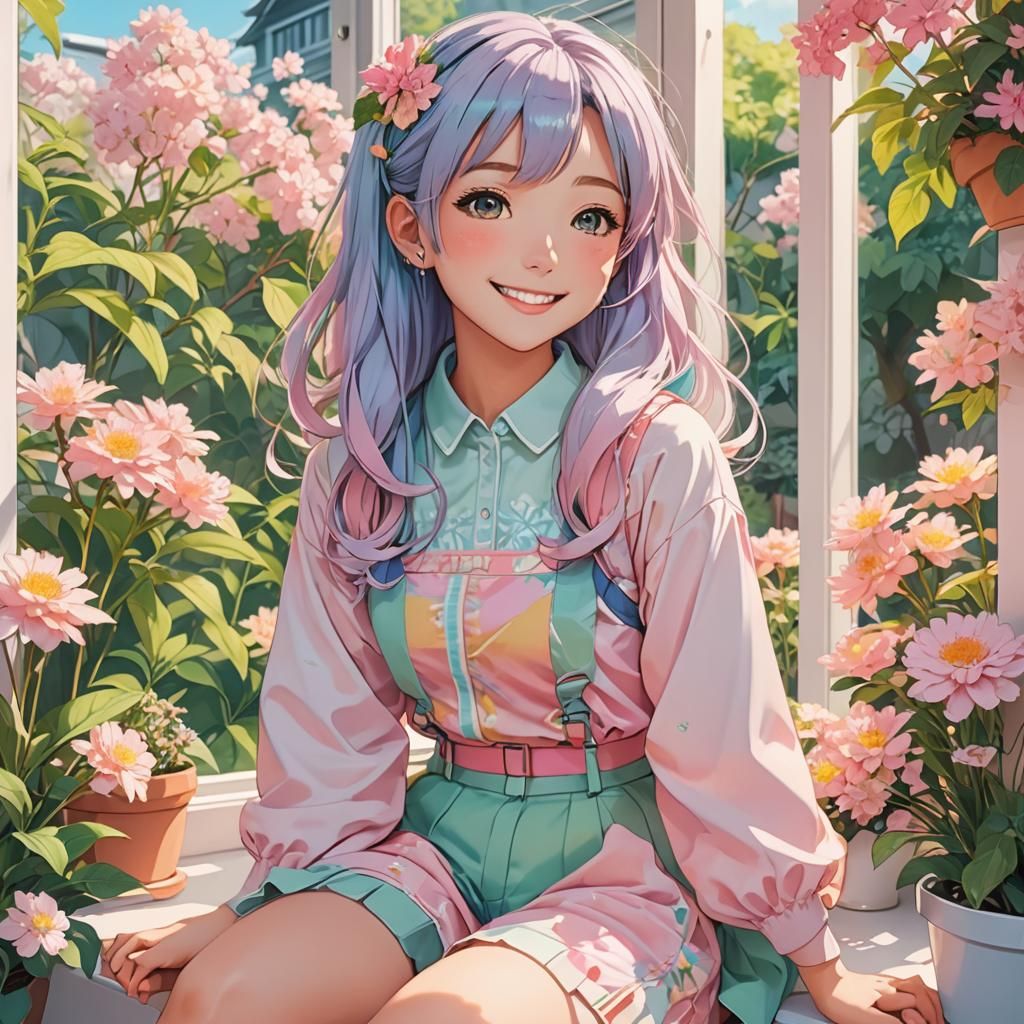 Vibrant Anime Girl on a Windowsill