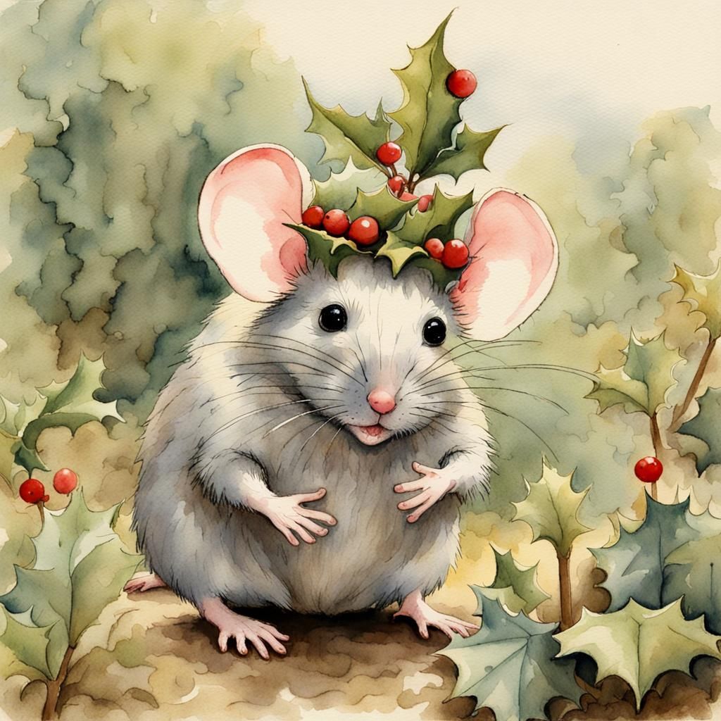 Whimsical Watercolor Winter Scene with a Mouse in a Garden
