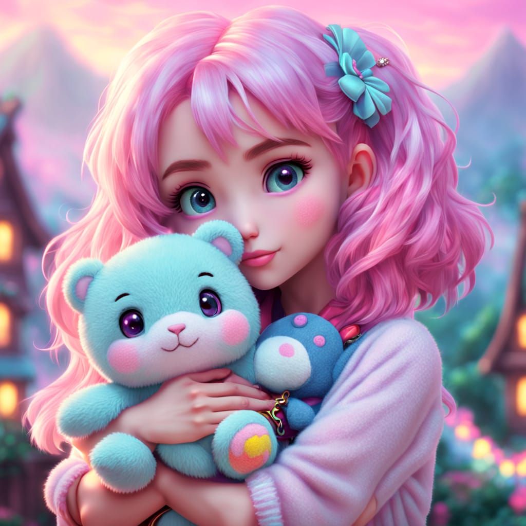 Anime Girl with Plush Toy in Kinkade Style
