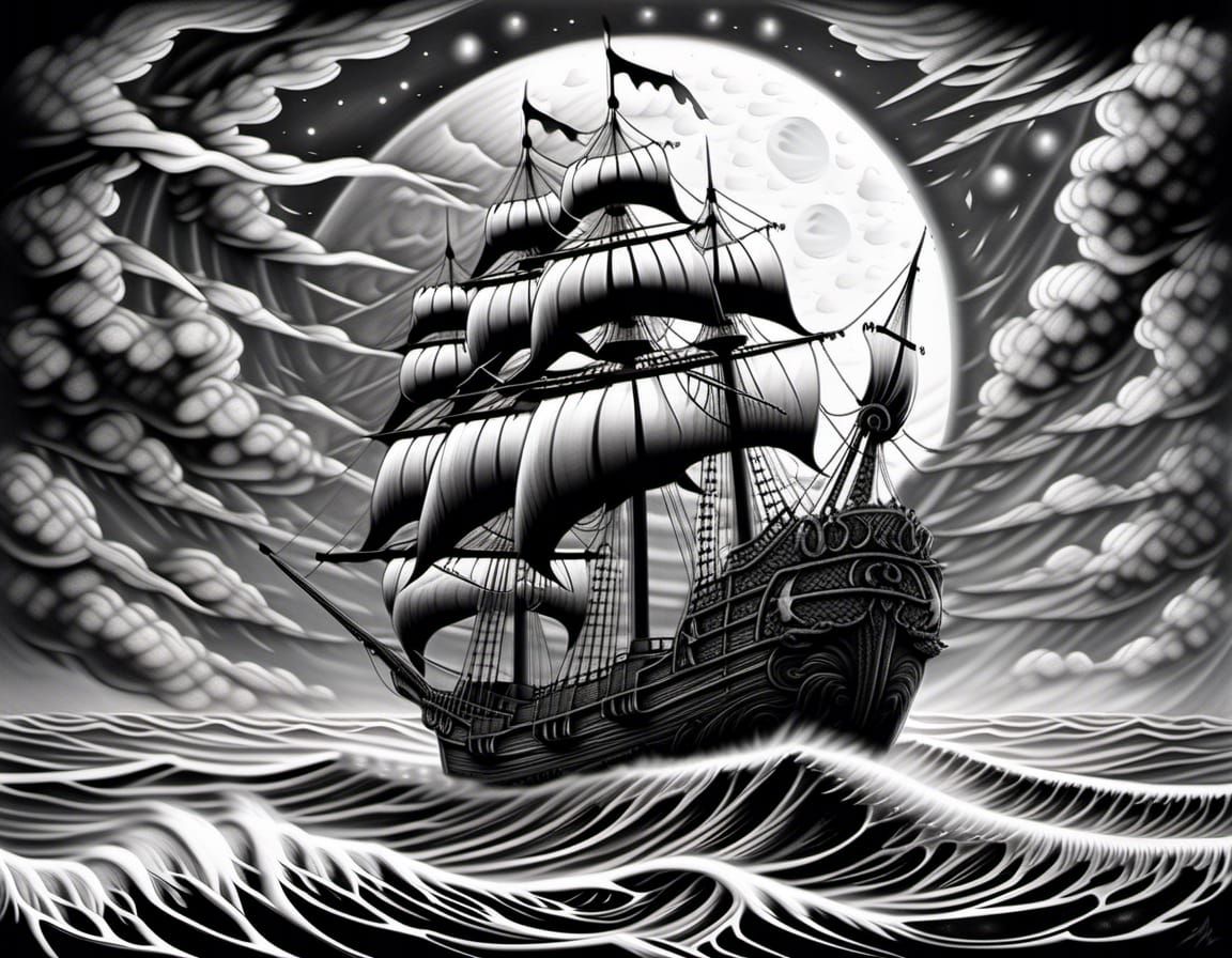 Hyperrealistic Pirate Ship Sails Under a Mysterious Cosmic M...