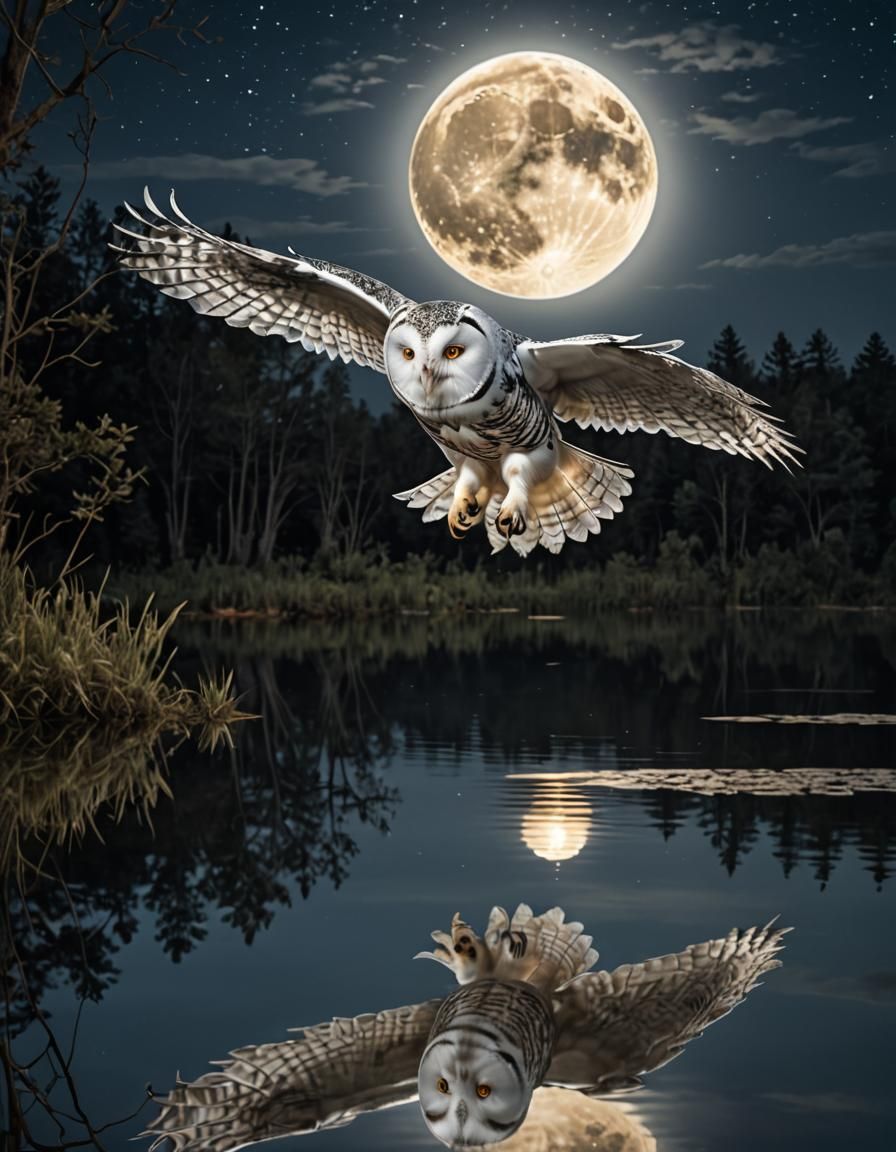 Moonlit Owl Soars Over Serene Lake