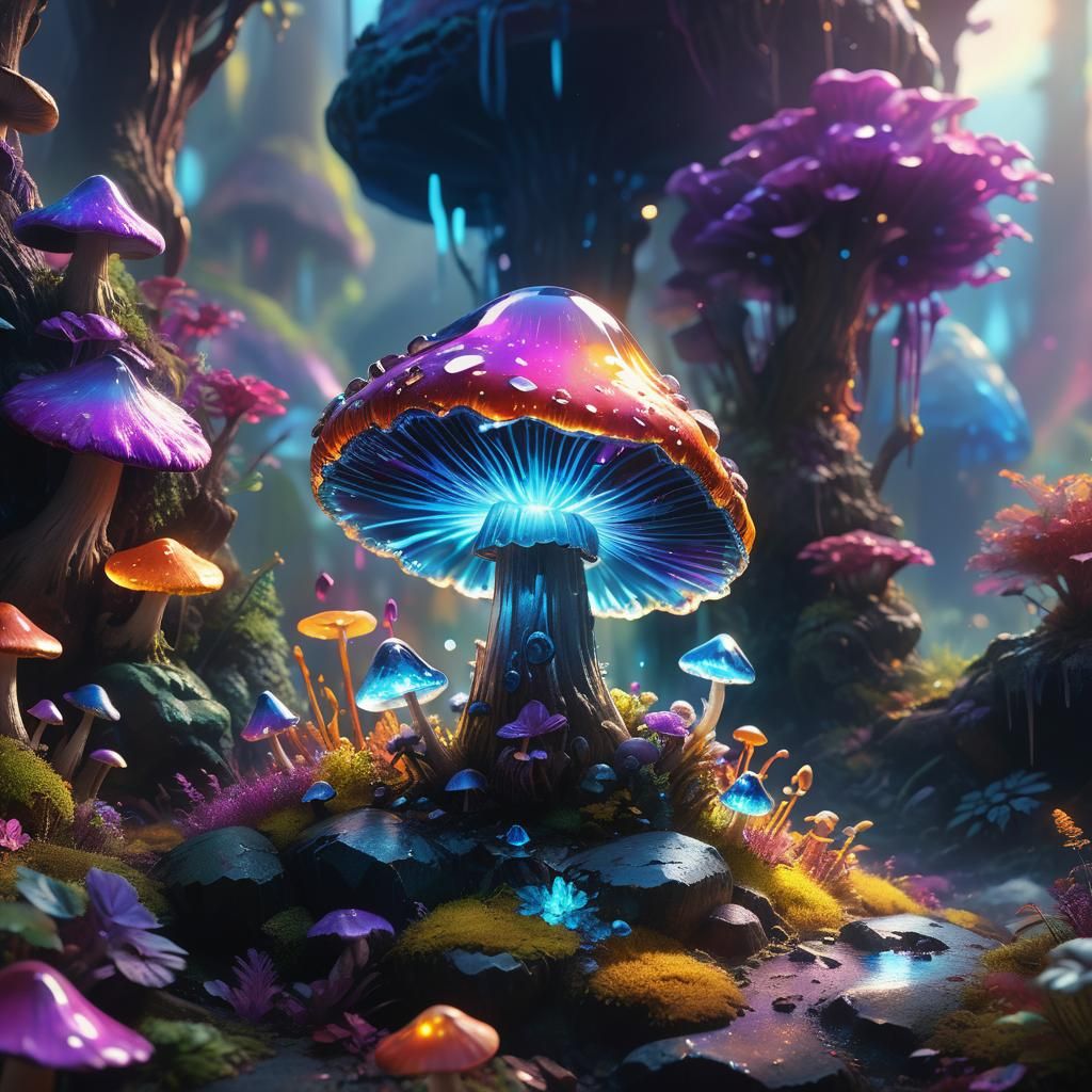Ethereal Fantasy Realm with Iridescent Crystal Mushroom