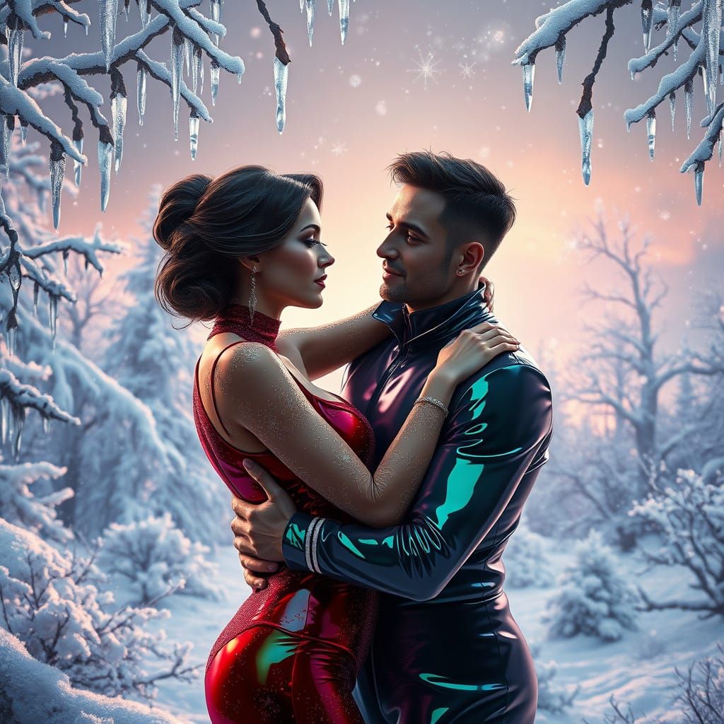 Ethereal Couple in Vibrant Latex Attire Amidst Winter Wonder...