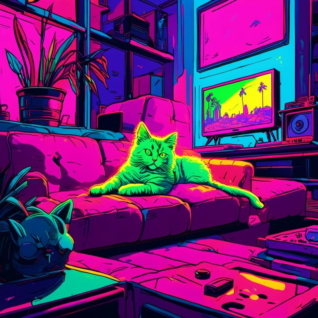 Vibrant 80s Cat on Couch Watching TV in Neon Colors