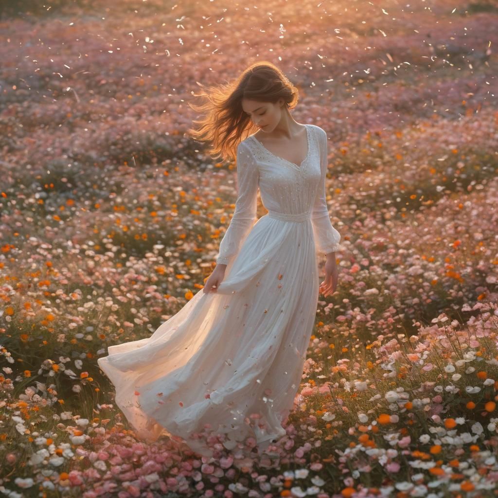 Woman in a Flowing White Dress Surrounded by Flowers in a Su...