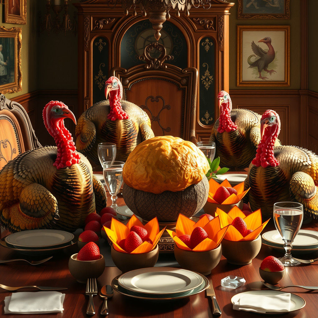 Family of Turkeys Gather Around an Opulent Thanksgiving Feas...