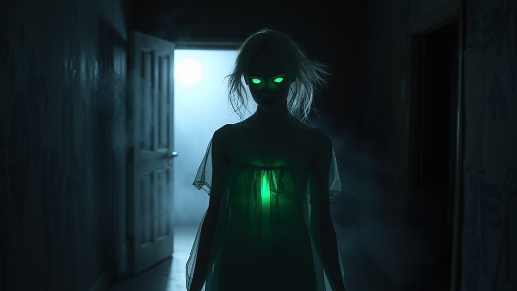 Spectral Woman in Dimly Lit Abandoned Room