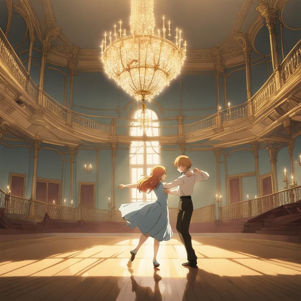 Ginger and Blonde Ballerinas Dancing Under Chandelier in Emp...