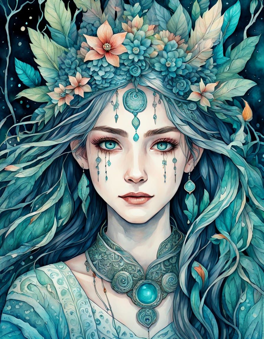 Mystical Forest Character Portrait in Watercolor Fantasy Sty...