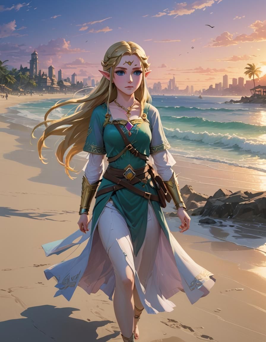 Princess Zelda Walks Along a Beach at Twilight