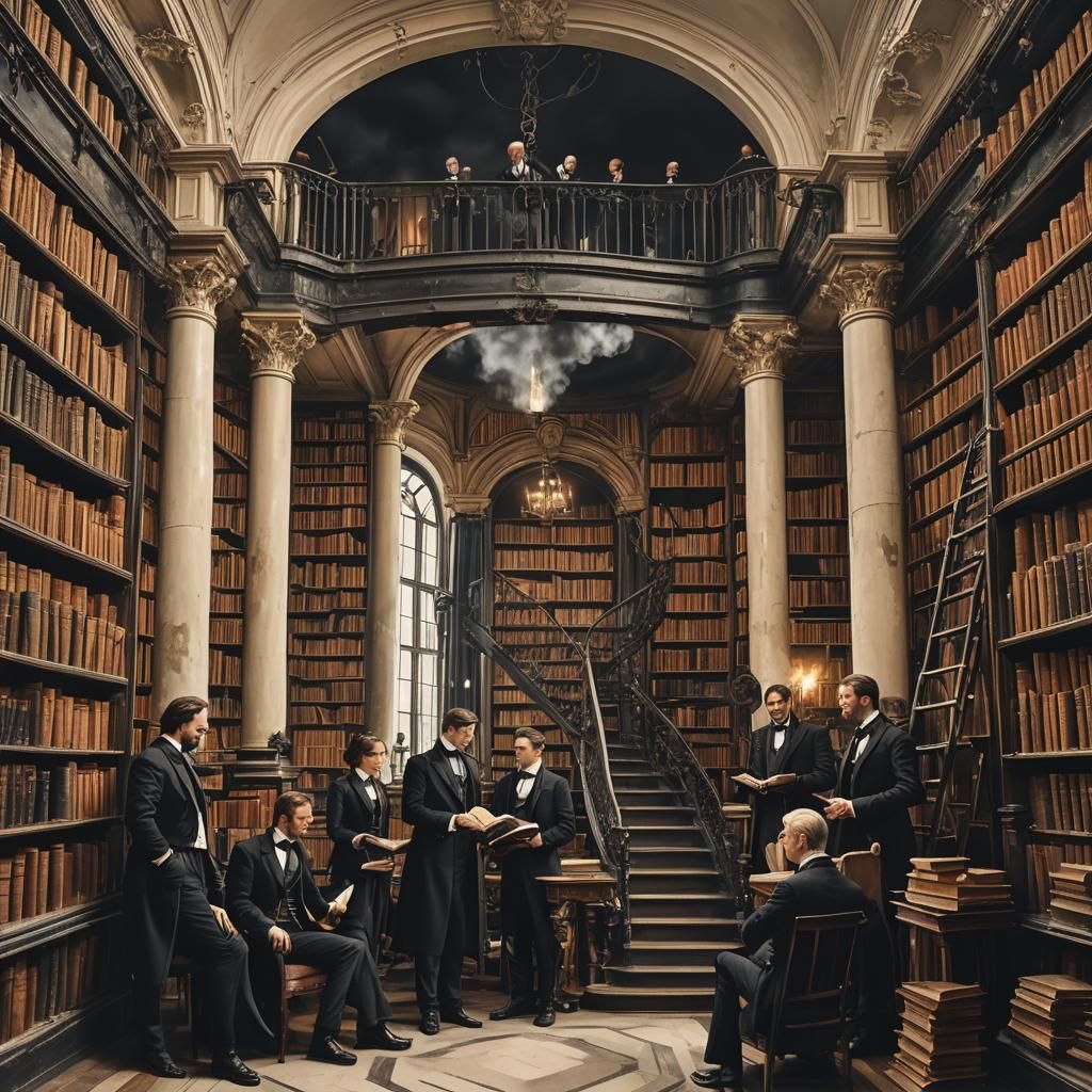 Sleek Antique Book in Steampunk Library with Cityscape