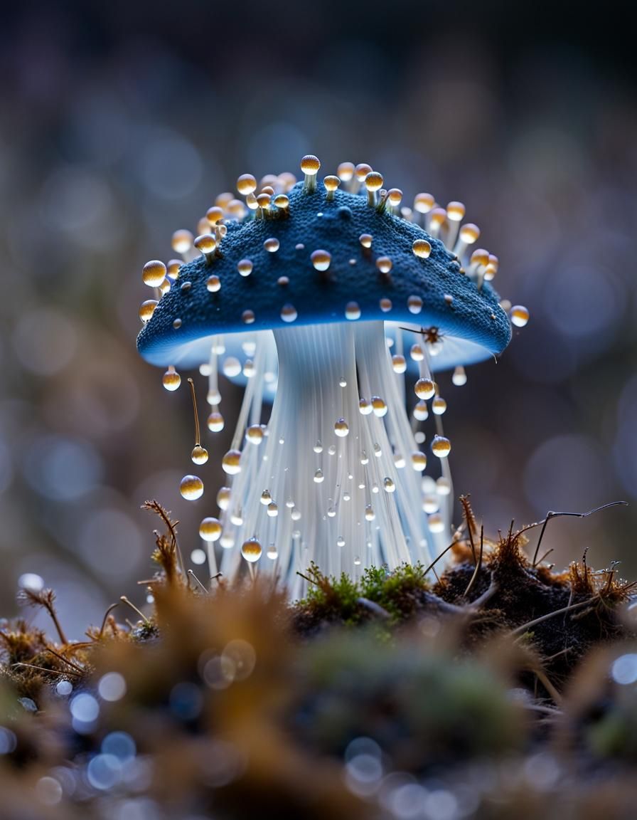 Golden Blue Mushroom in Macro Photography