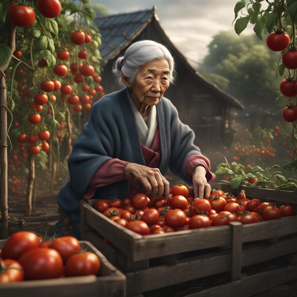 Aging Farmer Woman Picks Tomatoes in a Japanese Village