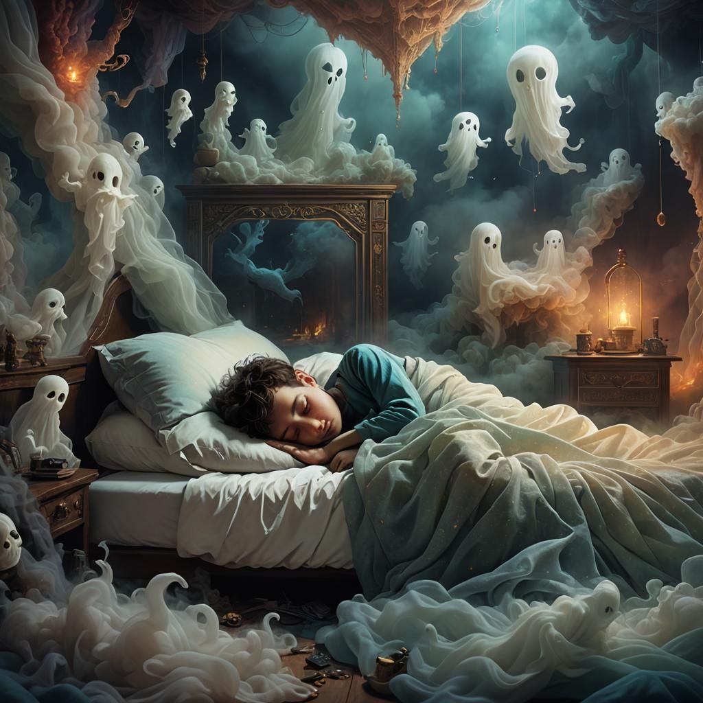 Little boy sleeping in bed, misty ghosts floating above him.