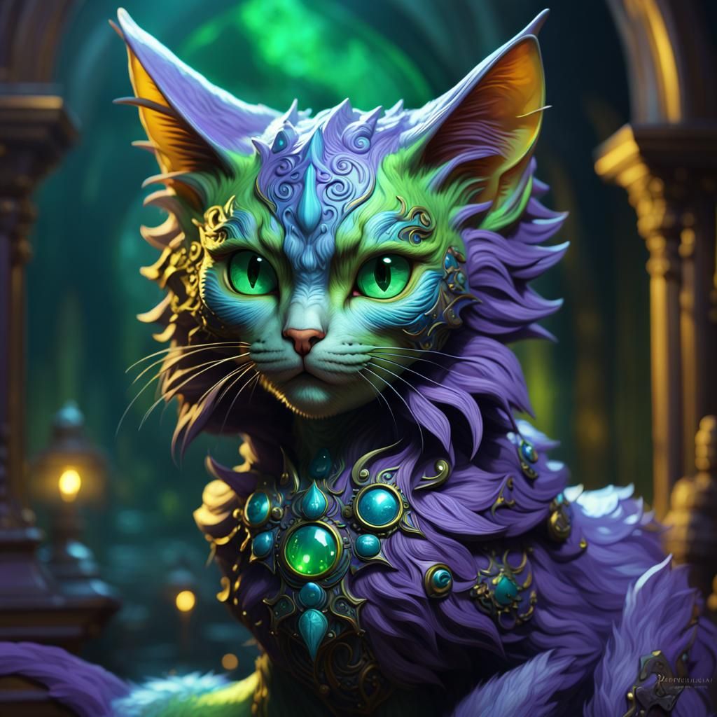 Cyberpunk-Edged Feline Dragon in Deep Blue and Green