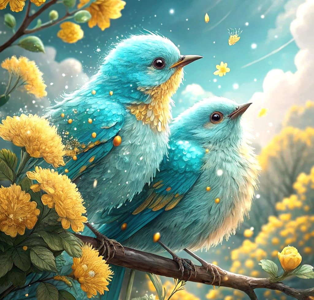 Turquoise Birds Snuggled in Rainy Watercolour Garden