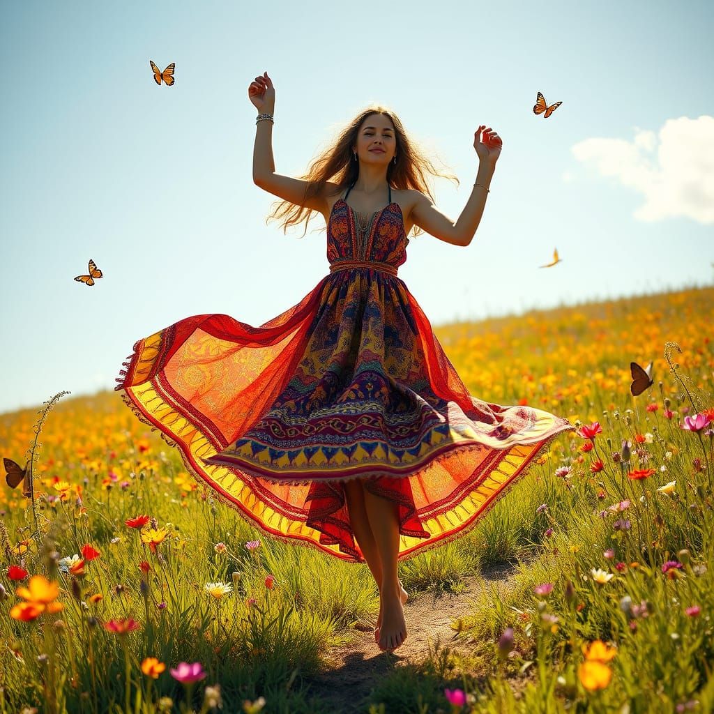 Enchanting Gypsy Woman Dances in Vibrant Sunlit Meadow