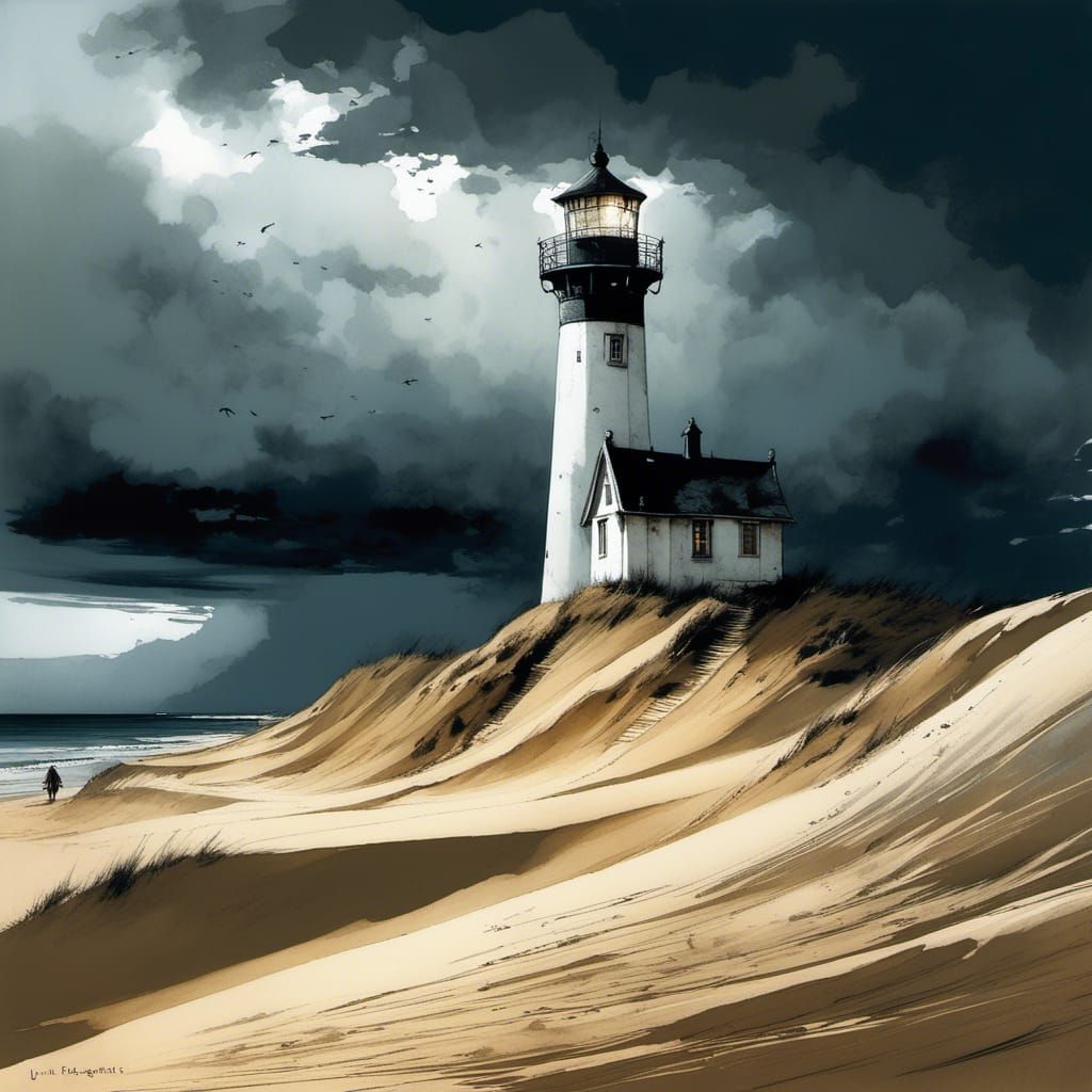 Moody Stormy Sunset over a Fading Lighthouse on Shifting Dun...