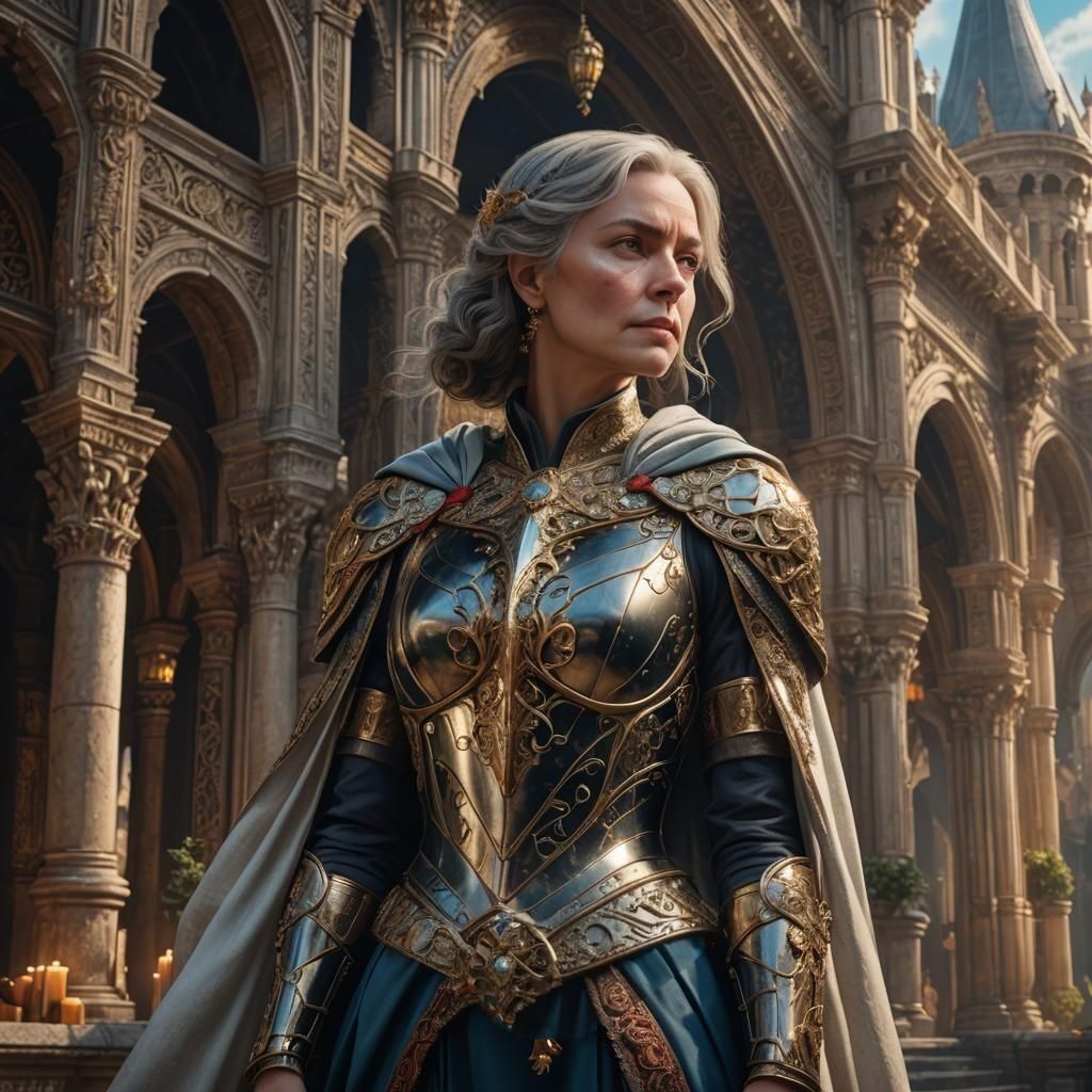 Regal Renaissance Woman in Plated Armor with Flowing Cape