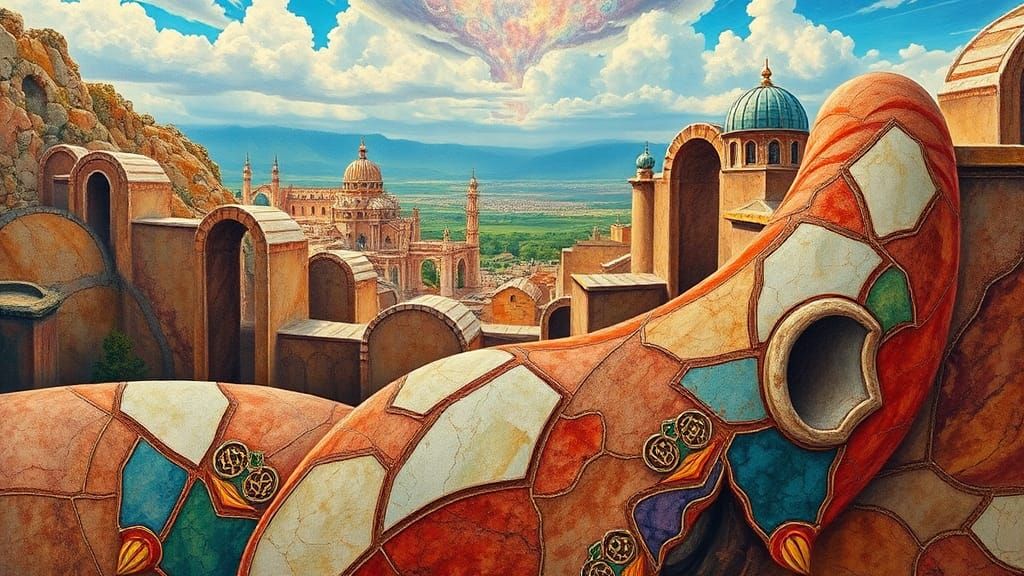 Surreal Marble Masterpiece with Ancient Cityscape and Mystic...