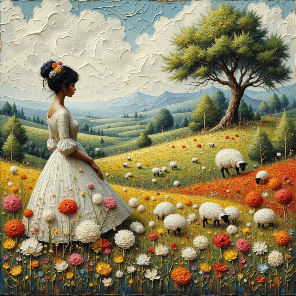 Surrealist Meadow with Sheep and Wildflowers in Abstract Sty...