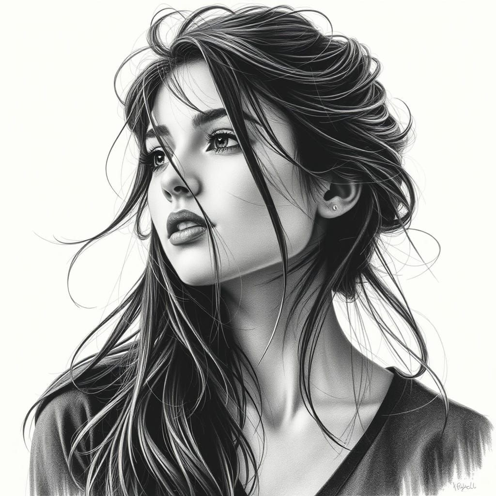 Intricate Pencil Art Portrait of a Contemplative Young Woman