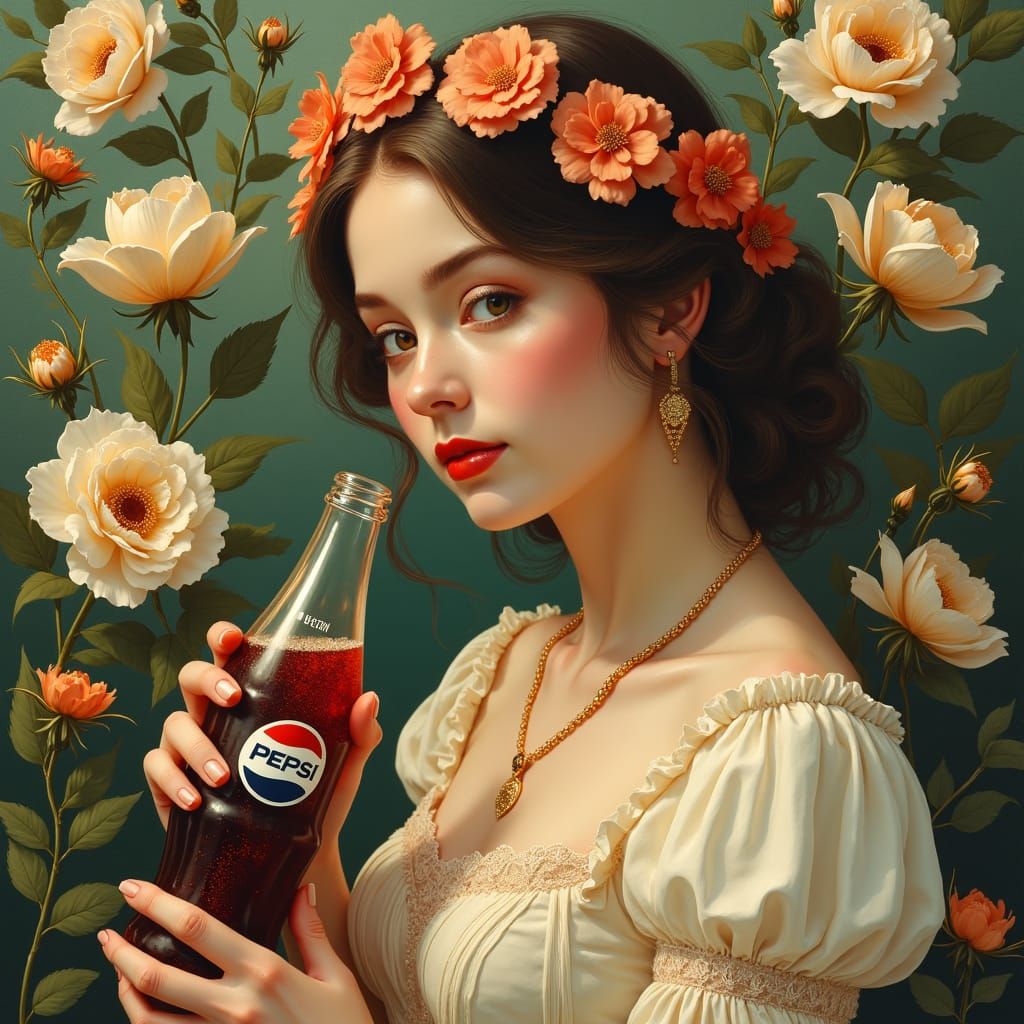 Vintage Pepsi Ad with Porcelain Woman in Pre-Raphaelite Styl...