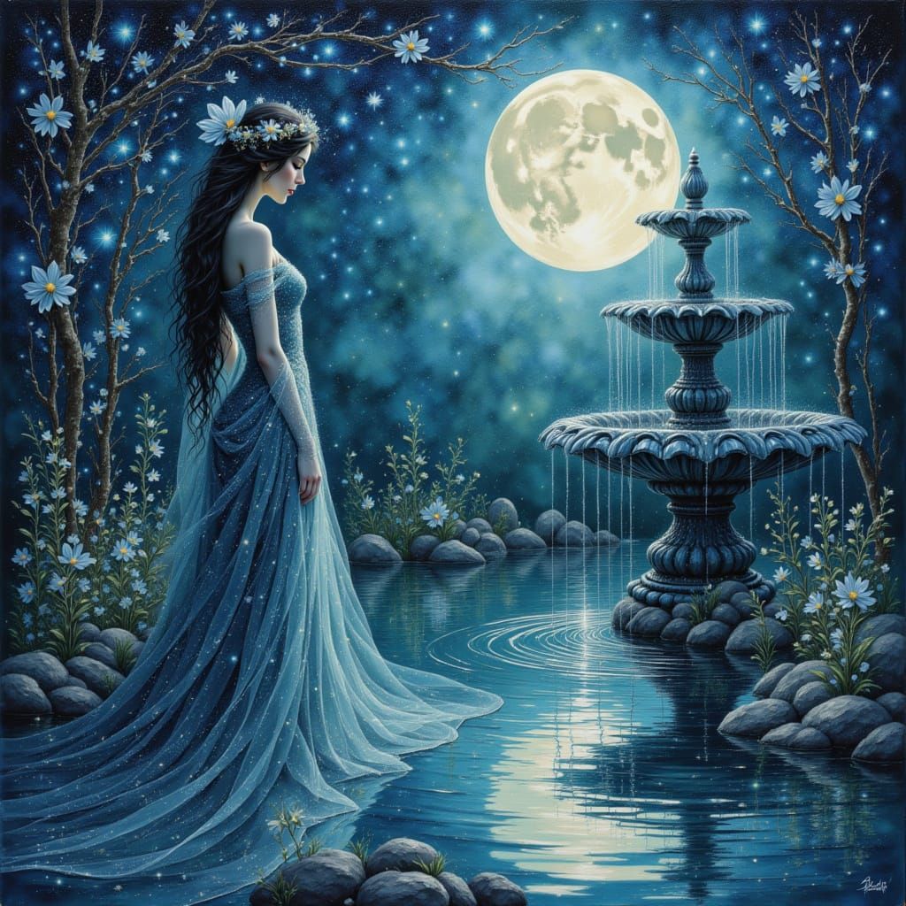 Sorceress by Moonlit Fountain in Watercolor Style