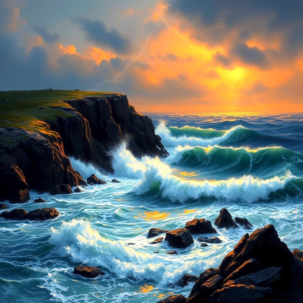 Stormy Sea at Twilight with Rugged Headland