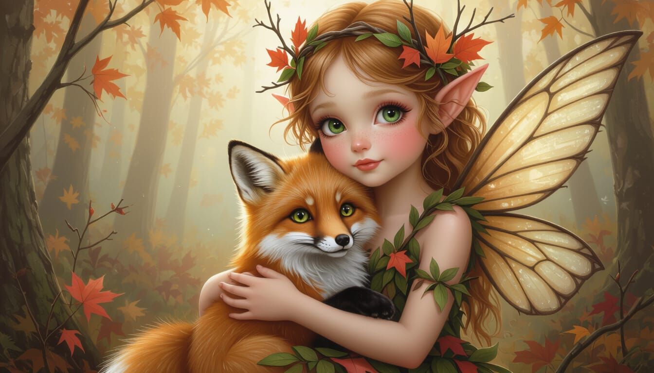 Fairy with Fox in Autumn Forest, Fantasy Art