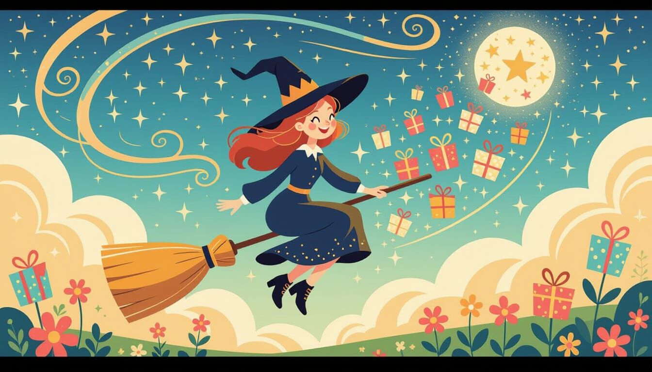Whimsical Witch Flies Over Children's Party in Art Nouveau S...