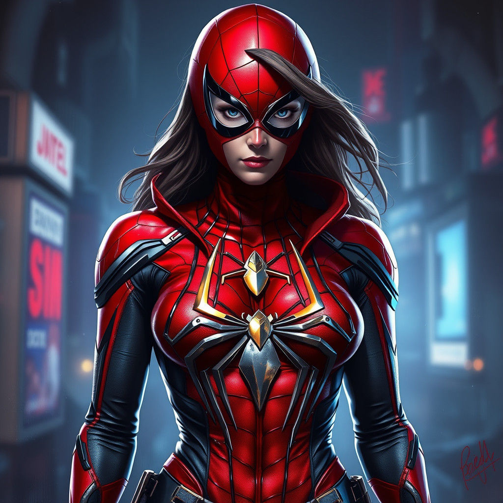 Cyberpunk Spider-Woman with Shimmering Metallic Emblem