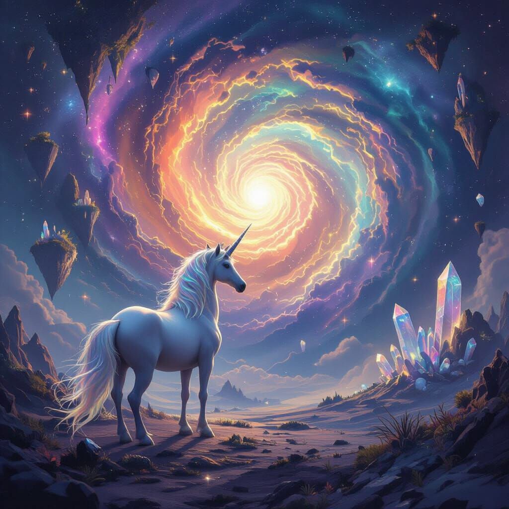 Majestic Unicorn in Cosmic Vortex, Storybook Illustration St...